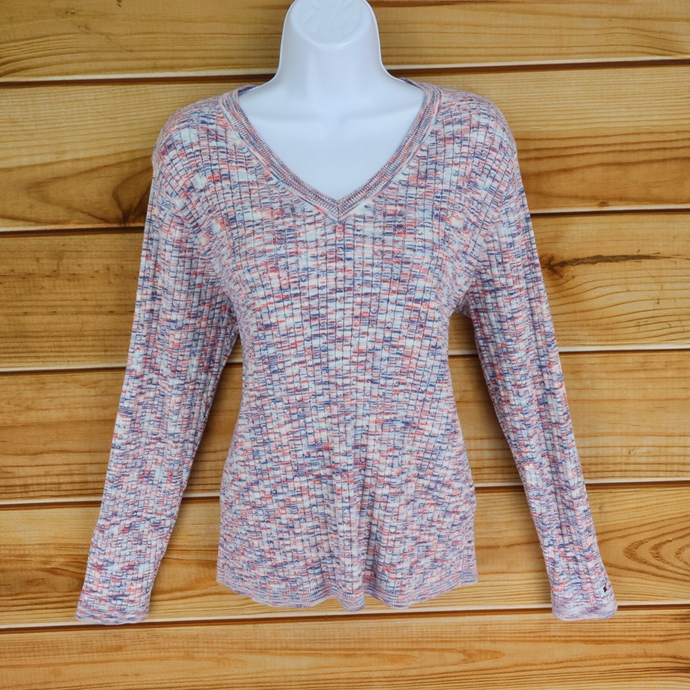 Tommy Hilfiger Cable-Knit Sweater Women Size L Multicolor V-Neck Stretch Cotton